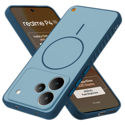 Matte Silicone Dual Color Back Cover with Metal Buttons & Ring Design for Realme P4 5G