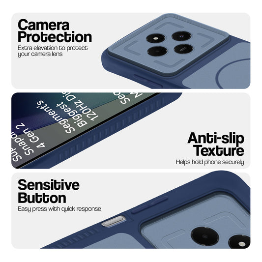 Blue phone case for Redmi 14C 5G showing camera safety edges, anti slip side grip and easy press button covers.