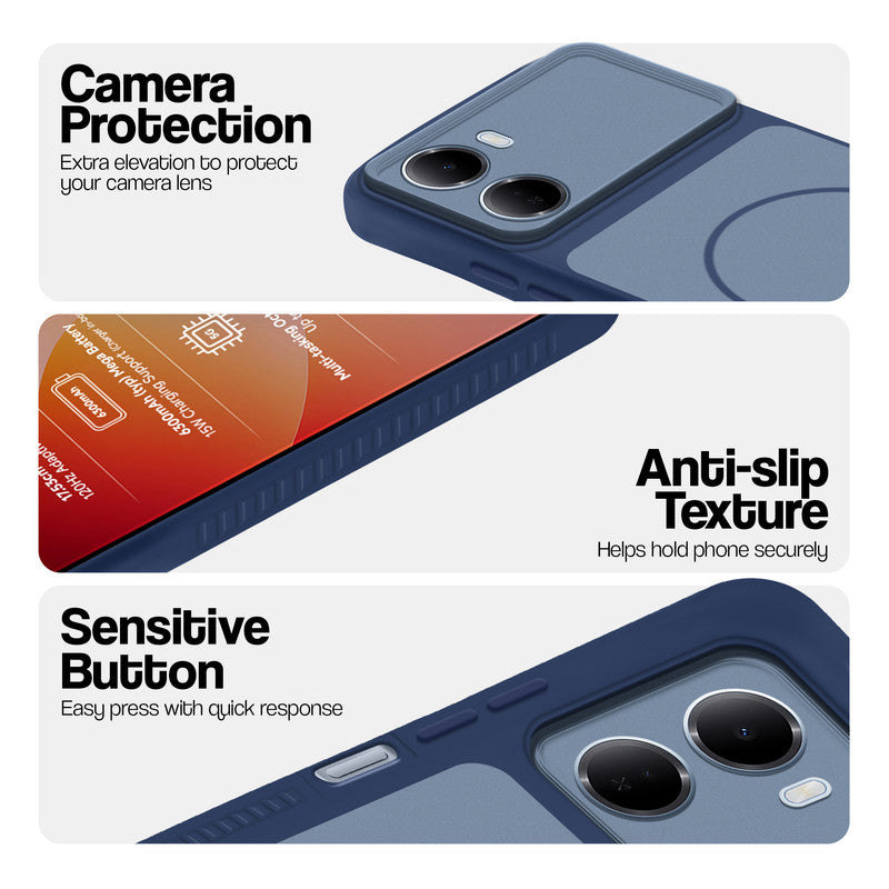Blue phone case for Redmi 15A 5G showing camera safety edges, anti slip side grip and easy press button covers.