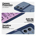 Blue phone case for Redmi 15C 5G showing camera safety edges, anti slip side grip and easy press button covers.