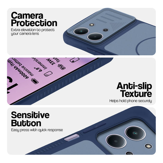 Blue phone case for Redmi 15C 5G showing camera safety edges, anti slip side grip and easy press button covers.