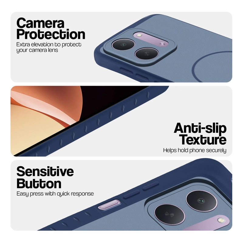 Blue phone case for Redmi 17C 5G showing camera safety edges, anti slip side grip and easy press button covers.