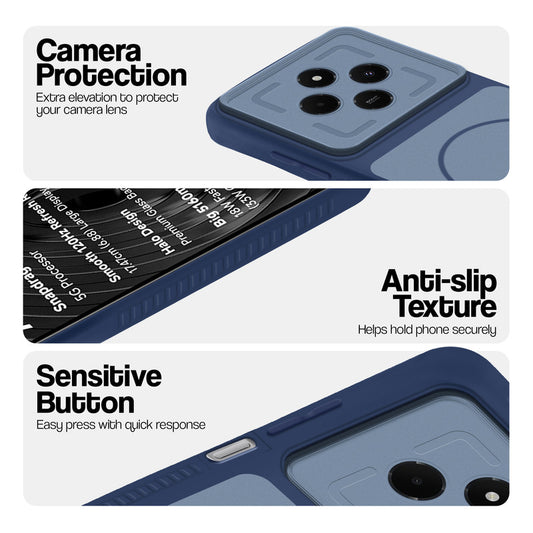 Blue phone case for Redmi A4 5G showing camera safety edges, anti slip side grip and easy press button covers.