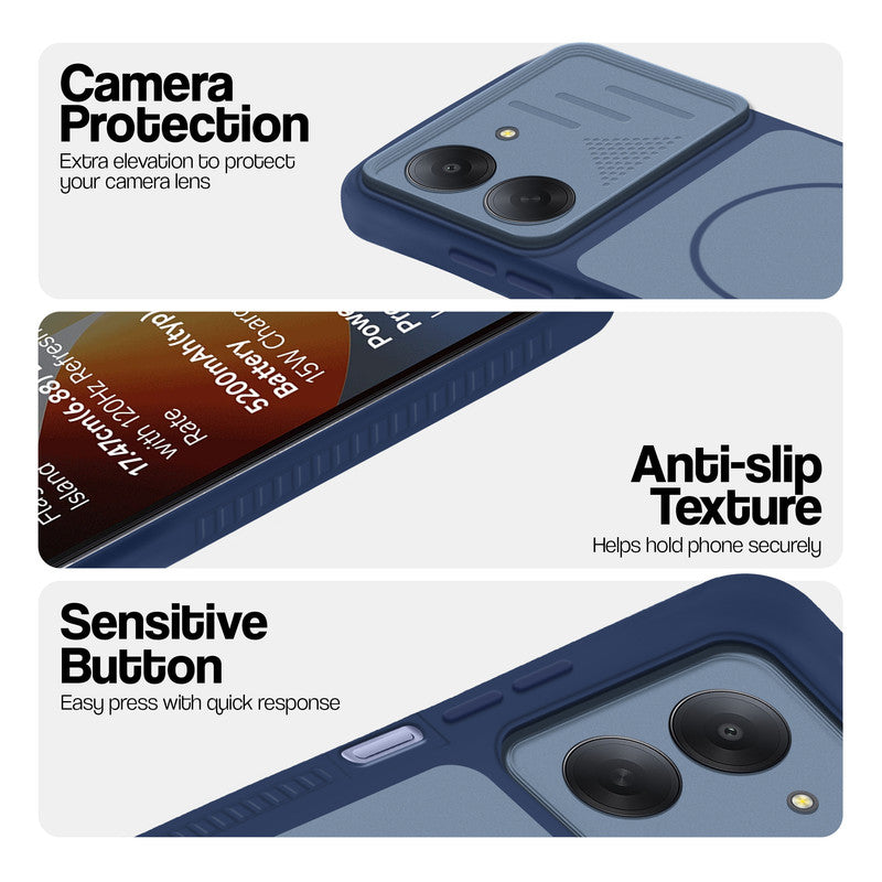 Blue phone case for Redmi A7 4G showing camera safety edges, anti slip side grip and easy press button covers.