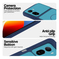 Blue phone case for Redmi A7 Pro 4G showing camera safety edges, anti slip side grip and easy press button covers.