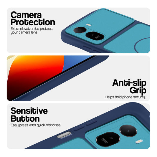 Blue phone case for Redmi A7 Pro 4G showing camera safety edges, anti slip side grip and easy press button covers.