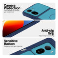 Blue phone case for Redmi A7 Pro 5G showing camera safety edges, anti slip side grip and easy press button covers.