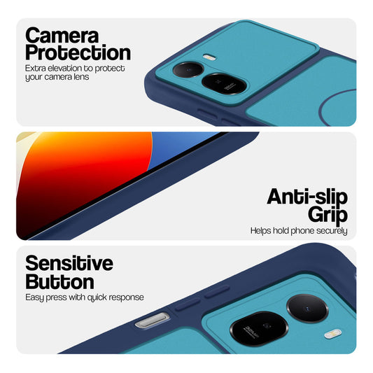 Blue phone case for Redmi A7 Pro 5G showing camera safety edges, anti slip side grip and easy press button covers.