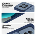 Blue phone case for Redmi Note 15 Pro 5G showing camera safety edges, anti slip side grip and easy press button covers.