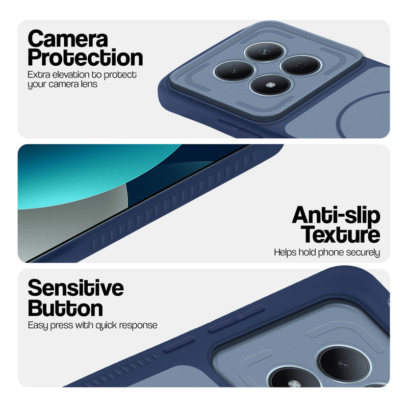 Blue phone case for Redmi Note 15 Pro 5G showing camera safety edges, anti slip side grip and easy press button covers.