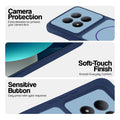 Blue phone case for Redmi Note 15 Pro 5G showing camera safety edges, anti slip side grip and easy press button covers.