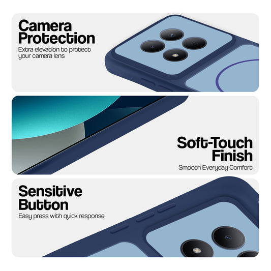 Blue phone case for Redmi Note 15 Pro 5G showing camera safety edges, anti slip side grip and easy press button covers.