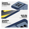 Blue phone case for Redmi Note 15 SE 5G showing camera safety edges, anti slip side grip and easy press button covers.
