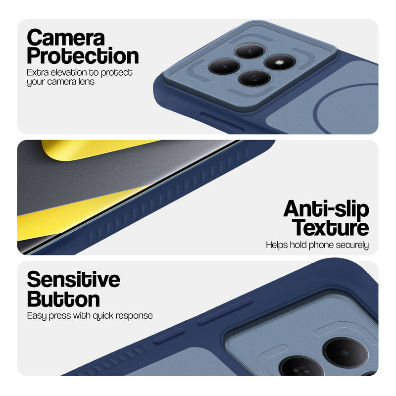 Blue phone case for Redmi Note 15 SE 5G showing camera safety edges, anti slip side grip and easy press button covers.