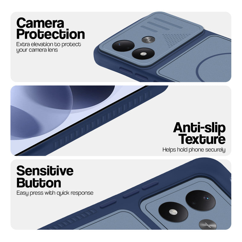 Blue phone case for Redmi Note 17 5G showing camera safety edges, anti slip side grip and easy press button covers.
