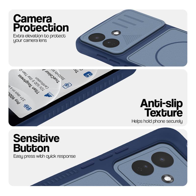 Blue phone case for Redmi Note 17 Pro 5G showing camera safety edges, anti slip side grip and easy press button covers.