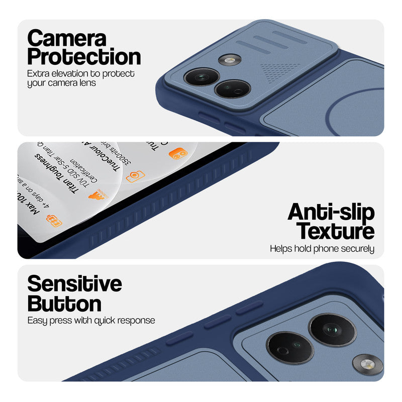 Blue phone case for Redmi Note 17 Pro Max 5G showing camera safety edges, anti slip side grip and easy press button covers.