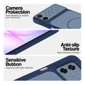 Blue phone case for Samsung A07 5G showing camera safety edges, anti slip side grip and easy press button covers.
