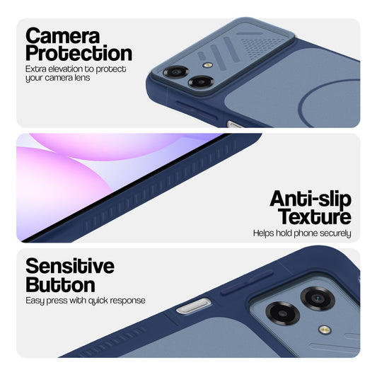 Blue phone case for Samsung A07 5G showing camera safety edges, anti slip side grip and easy press button covers.