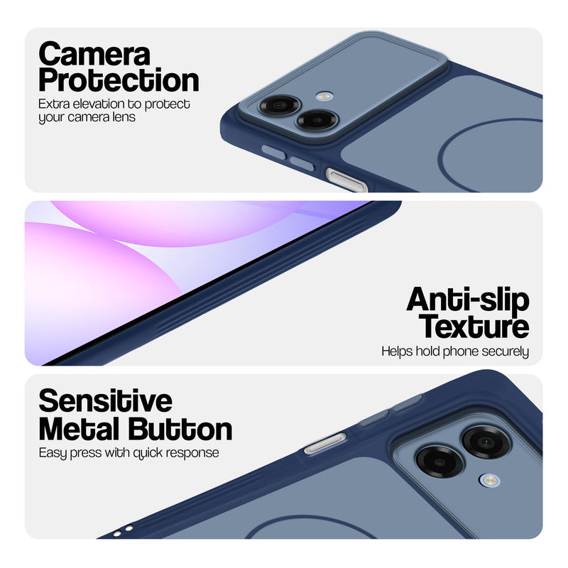 Blue Phone case for Samsung A07 5G highlighting raised camera protection, anti-slip texture, and responsive side buttons