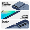 Blue phone case for Samsung A16 5G showing camera safety edges, anti slip side grip and easy press button covers.