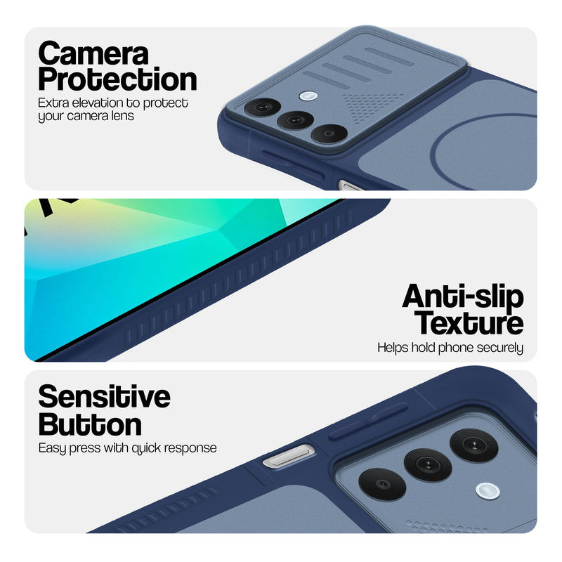 Blue phone case for Samsung A16 5G showing camera safety edges, anti slip side grip and easy press button covers.