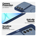 Blue phone case for Samsung A17 5G showing camera safety edges, anti slip side grip and easy press button covers.