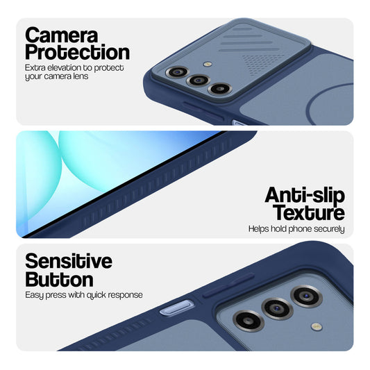 Blue phone case for Samsung A17 5G showing camera safety edges, anti slip side grip and easy press button covers.