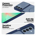 Blue phone case for Samsung A26 5G showing camera safety edges, anti slip side grip and easy press button covers.