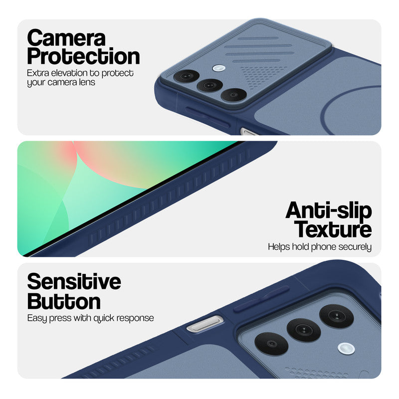 Blue phone case for Samsung A26 5G showing camera safety edges, anti slip side grip and easy press button covers.