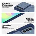 Blue phone case for Samsung A27 5G showing camera safety edges, anti slip side grip and easy press button covers.
