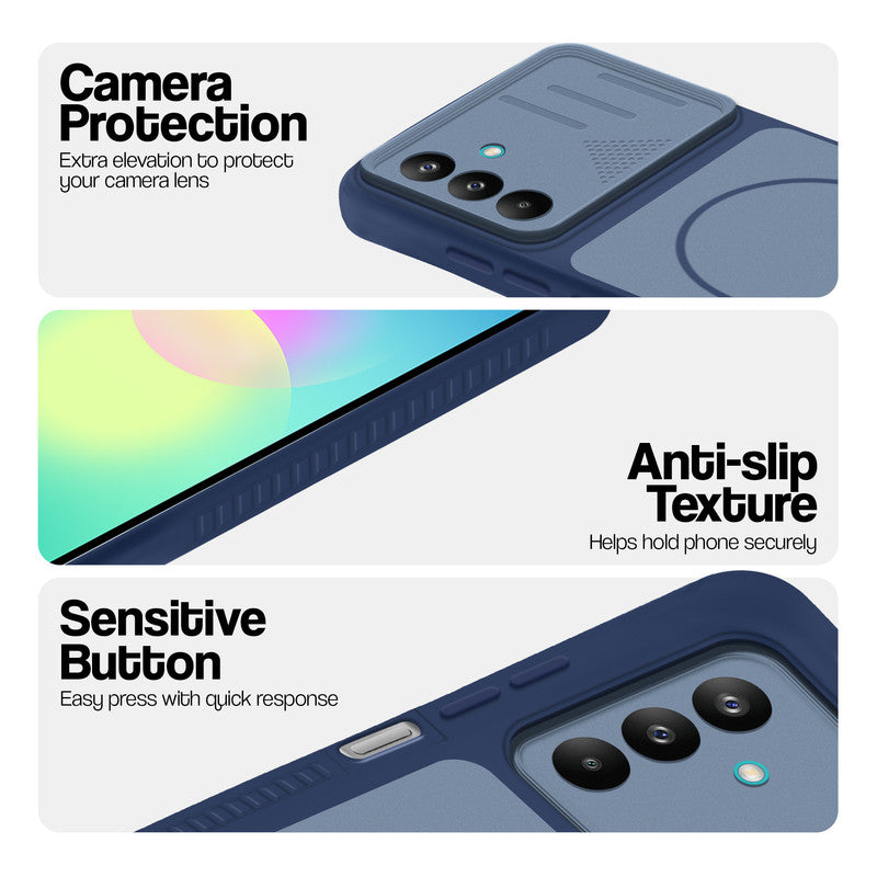 Blue phone case for Samsung A27 5G showing camera safety edges, anti slip side grip and easy press button covers.