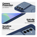 Blue phone case for Samsung A36 5G showing camera safety edges, anti slip side grip and easy press button covers.