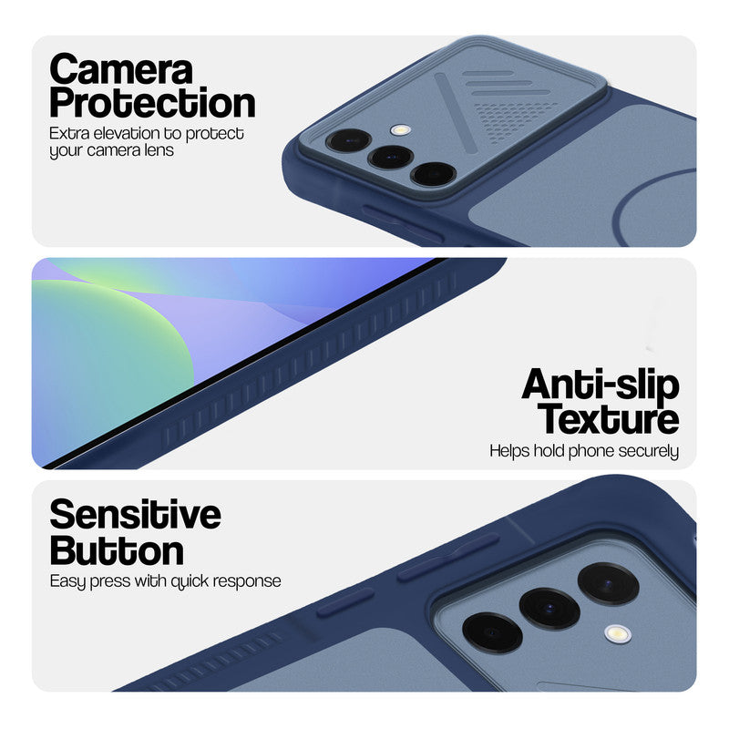 Blue phone case for Samsung A36 5G showing camera safety edges, anti slip side grip and easy press button covers.