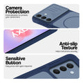 Blue phone case for Samsung A37 5G showing camera safety edges, anti slip side grip and easy press button covers.