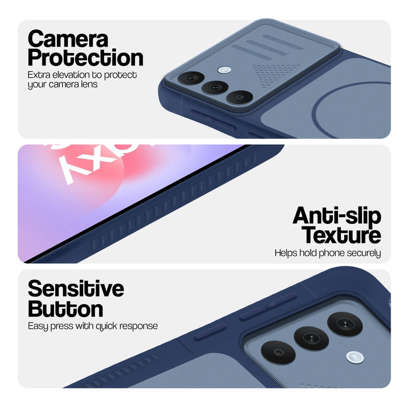 Blue phone case for Samsung A37 5G showing camera safety edges, anti slip side grip and easy press button covers.