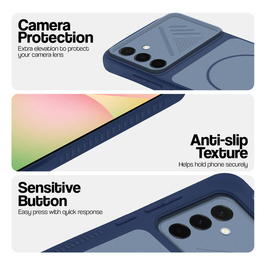 Blue phone case for Samsung A56 5G showing camera safety edges, anti slip side grip and easy press button covers.