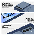 Blue phone case for Samsung A57 5G showing camera safety edges, anti slip side grip and easy press button covers.