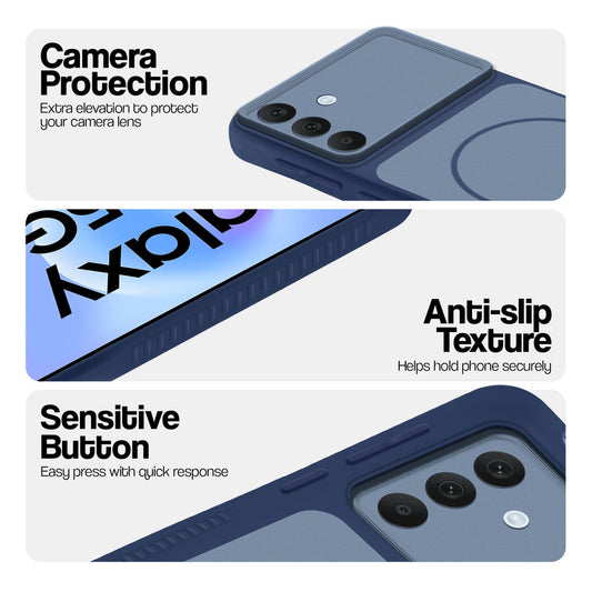 Blue phone case for Samsung A57 5G showing camera safety edges, anti slip side grip and easy press button covers.
