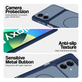 Blue Phone case for Samsung F07 highlighting raised camera protection, anti-slip texture, and responsive side buttons