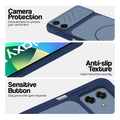Blue phone case for Samsung F07 showing camera safety edges, anti slip side grip and easy press button covers.
