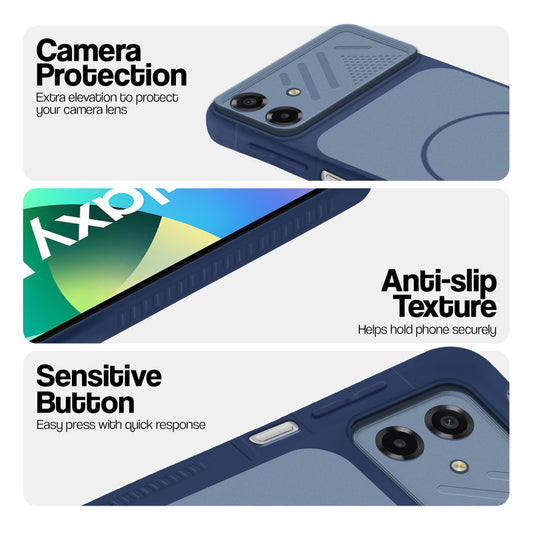 Blue phone case for Samsung F07 showing camera safety edges, anti slip side grip and easy press button covers.
