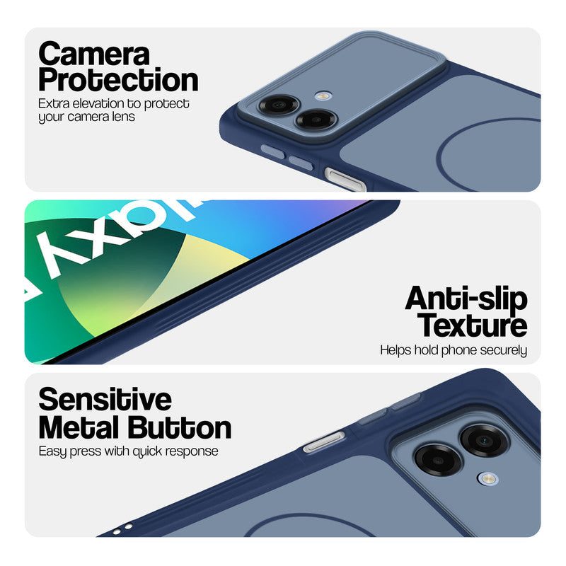 Blue Phone case for Samsung F07 highlighting raised camera protection, anti-slip texture, and responsive side buttons