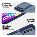 Blue phone case for Samsung F17 5G  showing camera safety edges, anti slip side grip and easy press button covers.