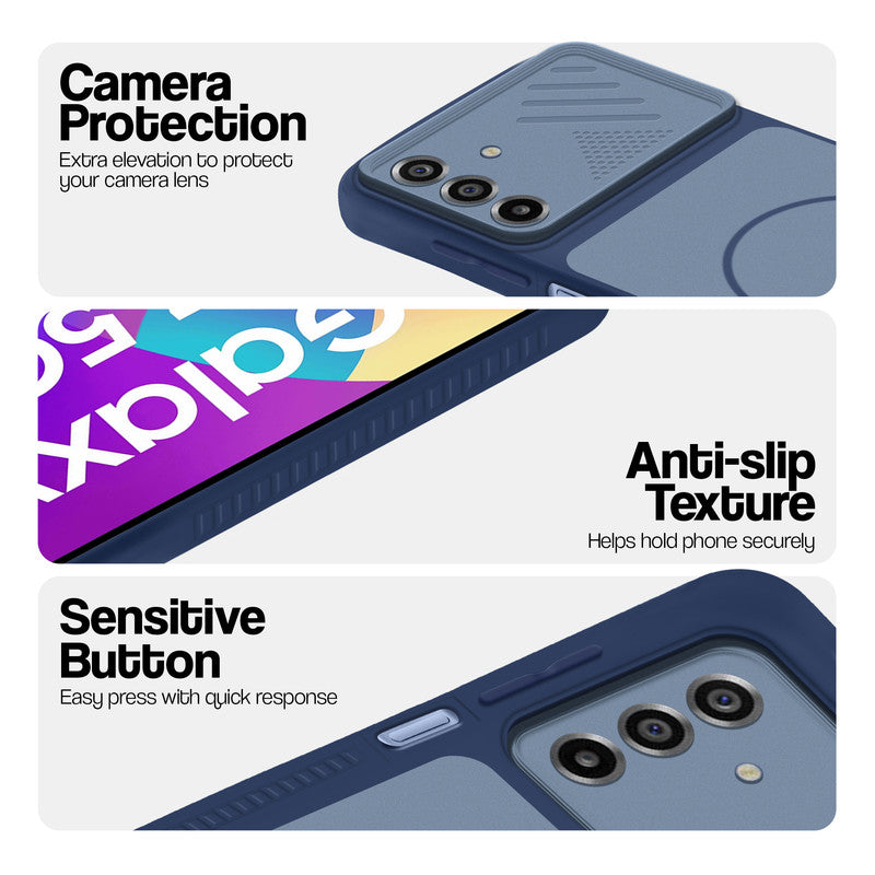 Blue phone case for Samsung F17 5G  showing camera safety edges, anti slip side grip and easy press button covers.
