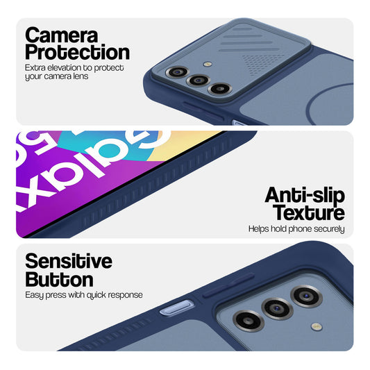 Blue phone case for Samsung F17 5G  showing camera safety edges, anti slip side grip and easy press button covers.