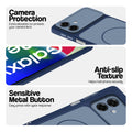 Blue Phone case for Samsung F70e 5G highlighting raised camera protection, anti-slip texture, and responsive side buttons