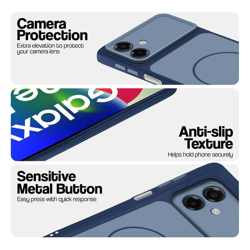 Blue Phone case for Samsung F70e 5G highlighting raised camera protection, anti-slip texture, and responsive side buttons