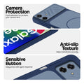 Blue phone case for Samsung F70e 5G showing camera safety edges, anti slip side grip and easy press button covers.
