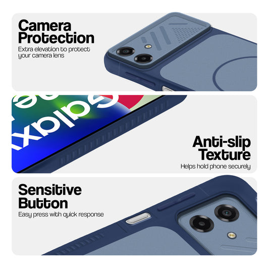Blue phone case for Samsung F70e 5G showing camera safety edges, anti slip side grip and easy press button covers.